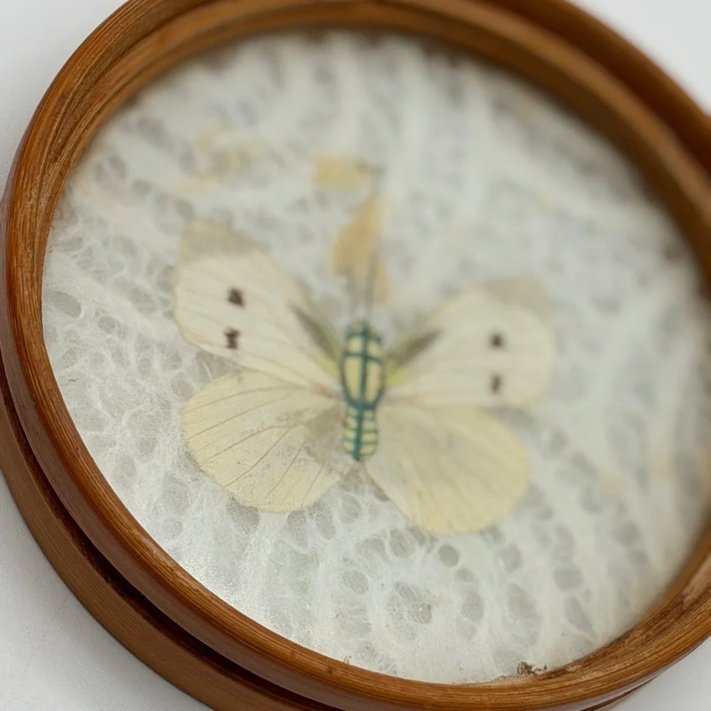 Vintage Bamboo Coasters Set of‎ 2 Pressed Butterfly Lace Inlay Glass Round 4in